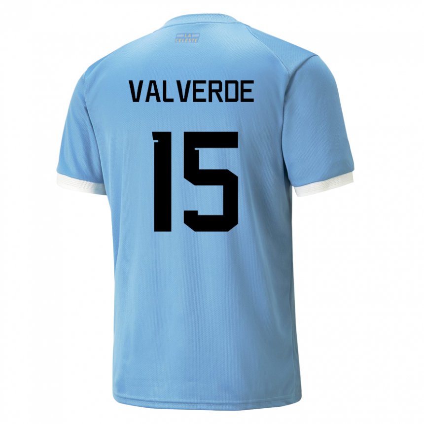 Criança Camisola Uruguaia Federico Valverde #15 Azul Principal 22-24 Camisa