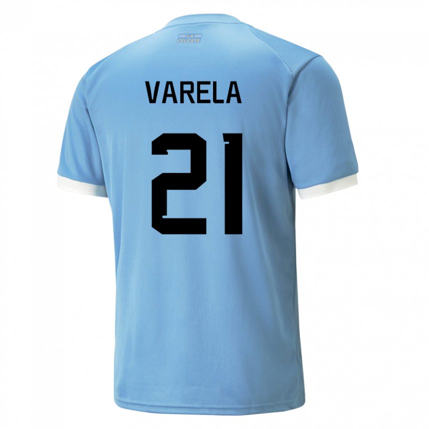 Homem Camisola Uruguaia Gullermo Varela #21 Azul Principal 22-24 Camisa
