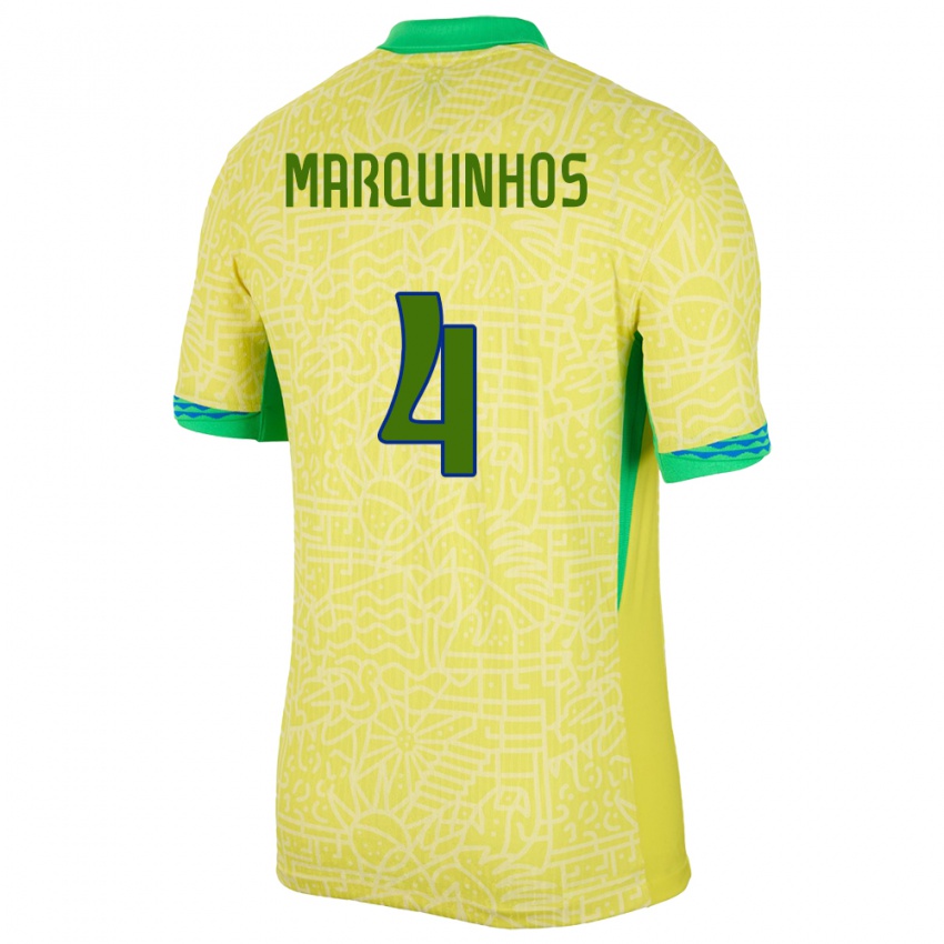Homem Camisola Brasil Marquinhos #4 Amarelo Principal 24-26 Camisa