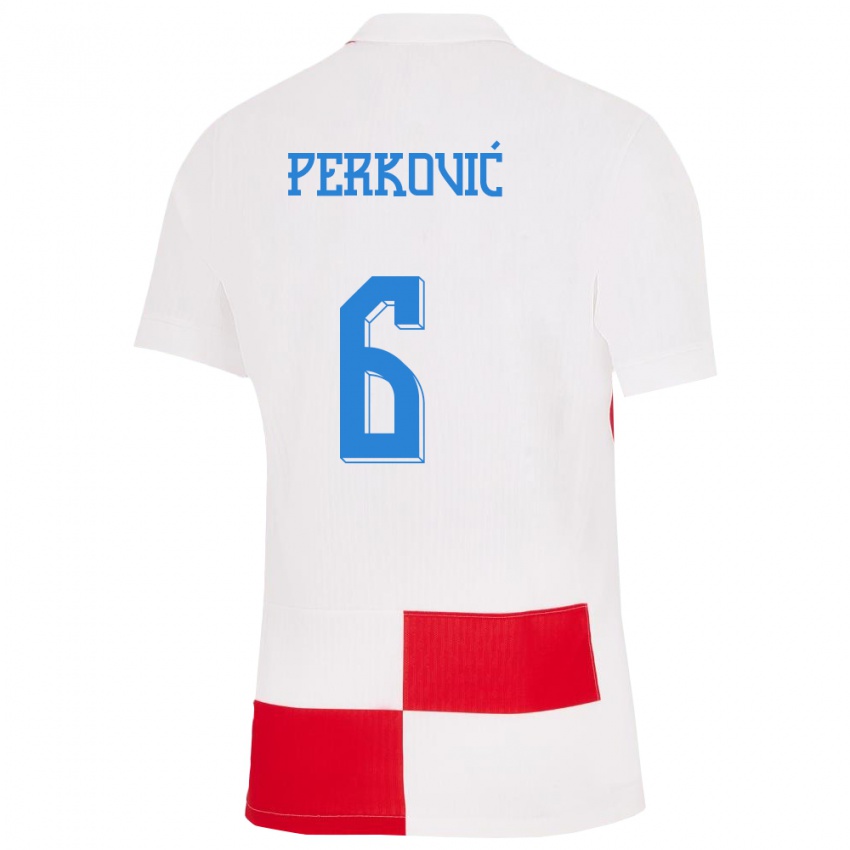 Homem Camisola Croácia Mauro Perkovic #6 Branco Vermelho Principal 24-26 Camisa