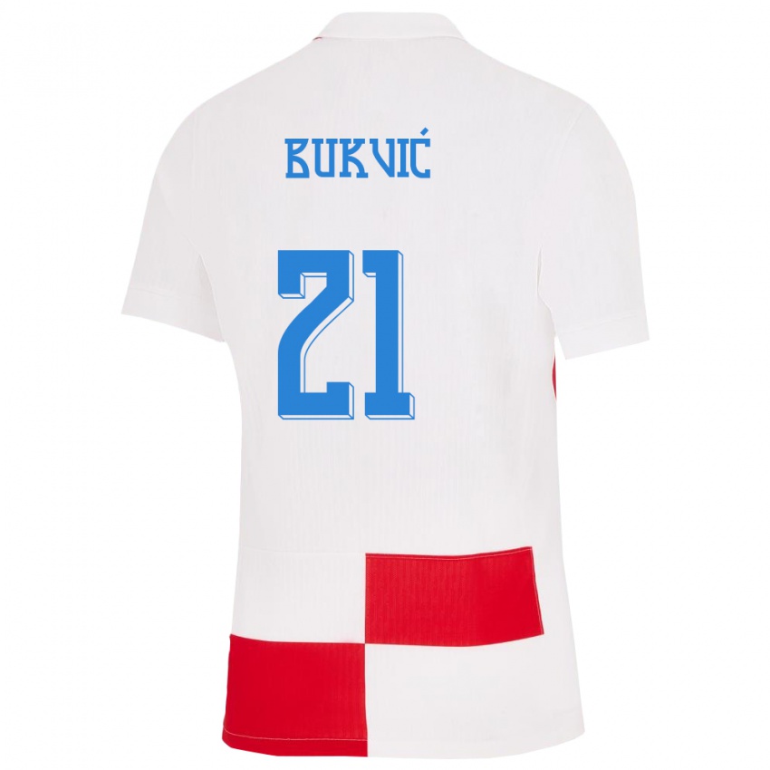 Homem Camisola Croácia Domagoj Bukvic #21 Branco Vermelho Principal 24-26 Camisa