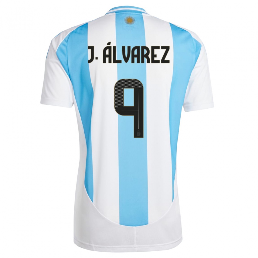 Mulher Camisola Argentina Julian Alvarez #9 Branco Azul Principal 24-26 Camisa