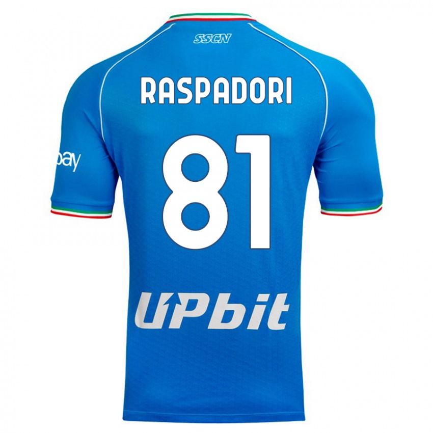 Criança Camisola Giacomo Raspadori #81 Céu Azul Principal 2023/24 Camisa