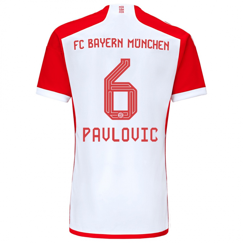 Homem Camisola Aleksandar Pavlovic #6 Vermelho Branco Principal 2023/24 Camisa