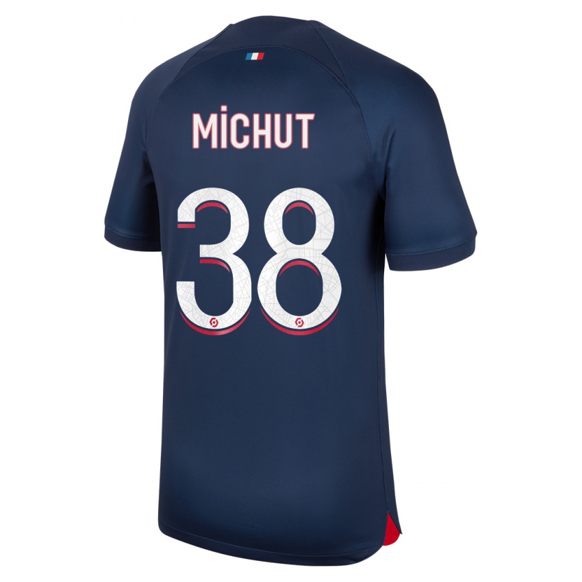 Mulher Camisola Edouard Michut #38 Azul Vermelho Principal 2023/24 Camisa