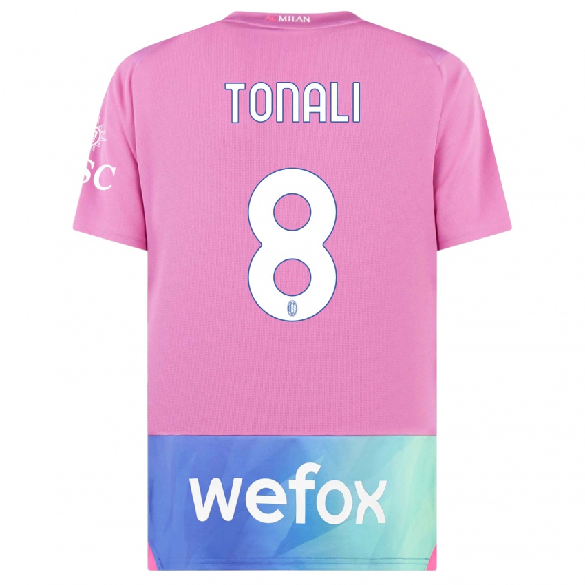 Mulher Camisola Sandro Tonali #8 Rosa Roxo Terceiro 2023/24 Camisa